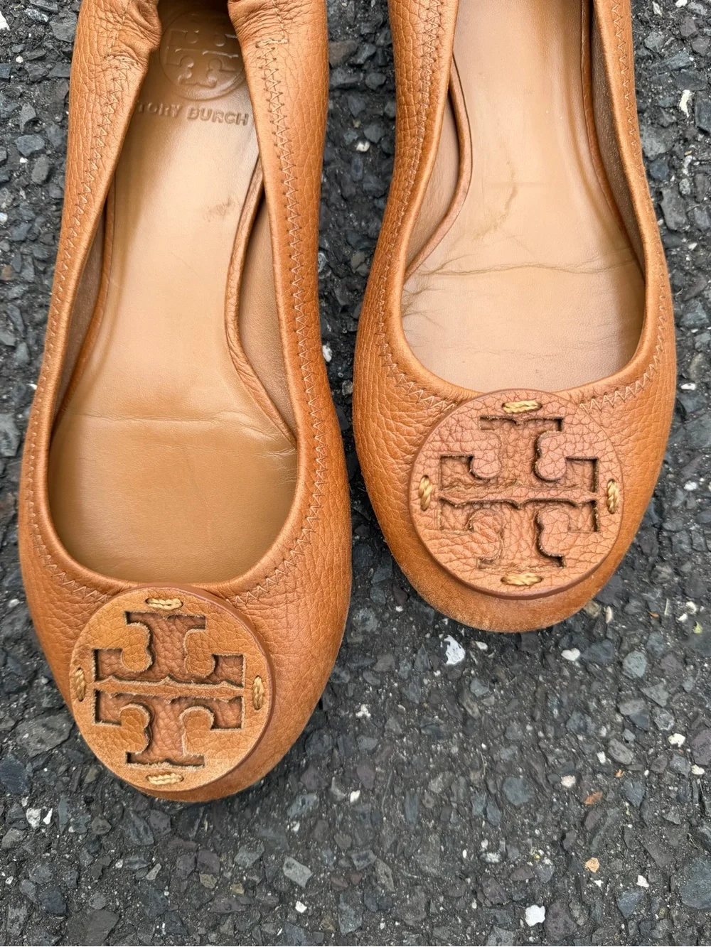 Tory Burch Cognac Leather Logo Ballet Flats